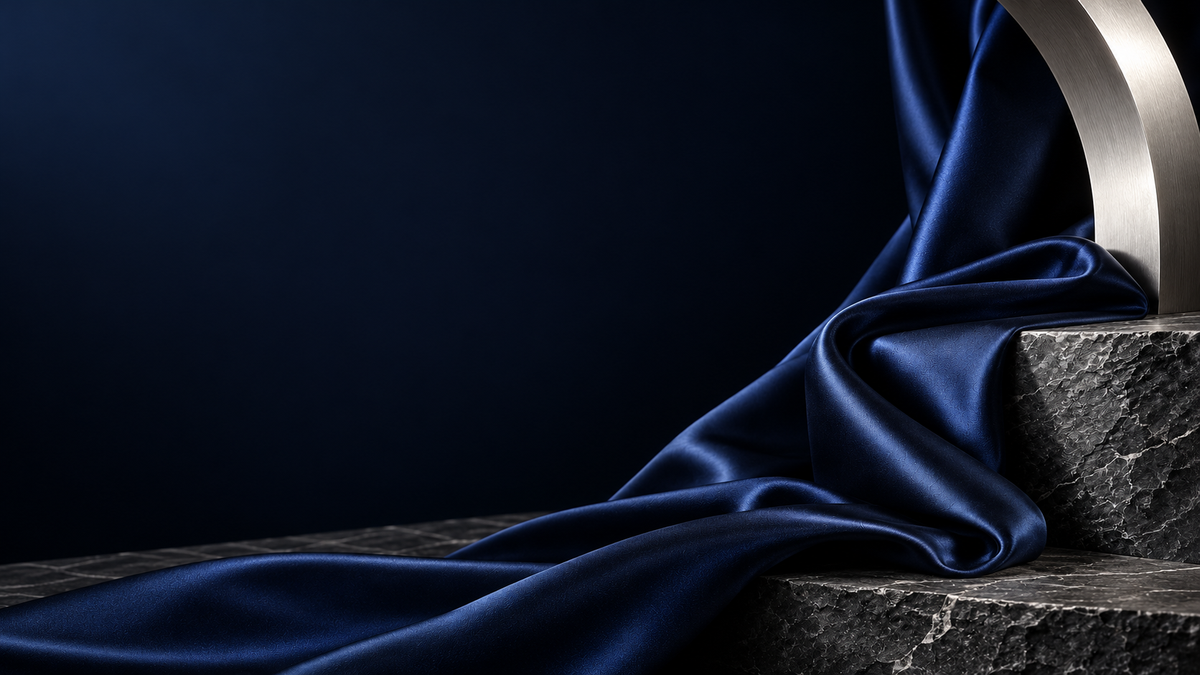 Satin bleu nuit, pierre et métal — composition panoramique